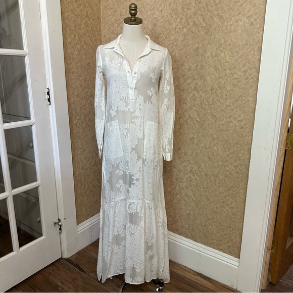 For Love & Lemons White Sheer Long Sleeve Button Up Silk Blend Boho Maxi Dress - Picture 1 of 10